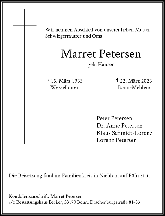 Anzeige von Marret Petersen von General-Anzeiger Bonn