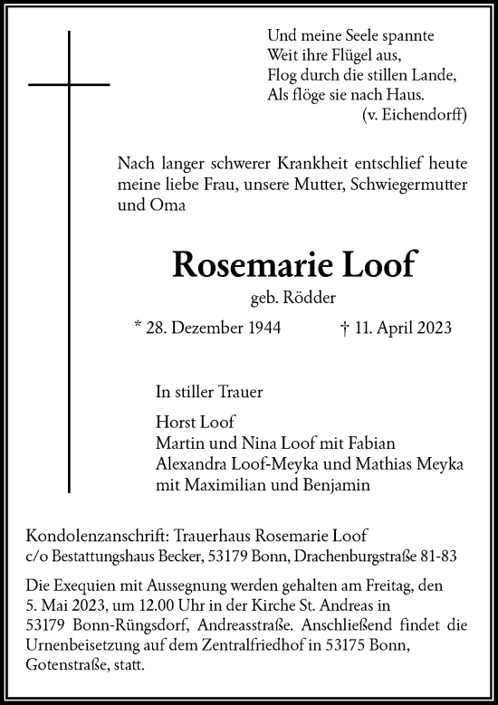Anzeige von Rosemarie Loof von General-Anzeiger Bonn