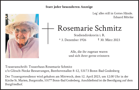 Anzeige von Rosemarie Schmitz von General-Anzeiger Bonn