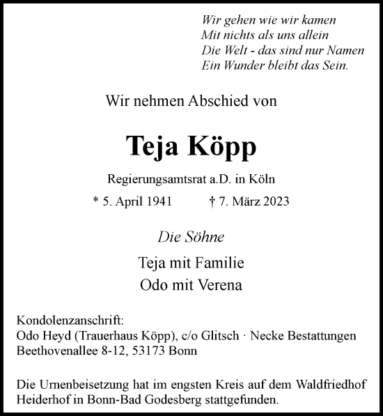 Anzeige von Teja Köpp von General-Anzeiger Bonn
