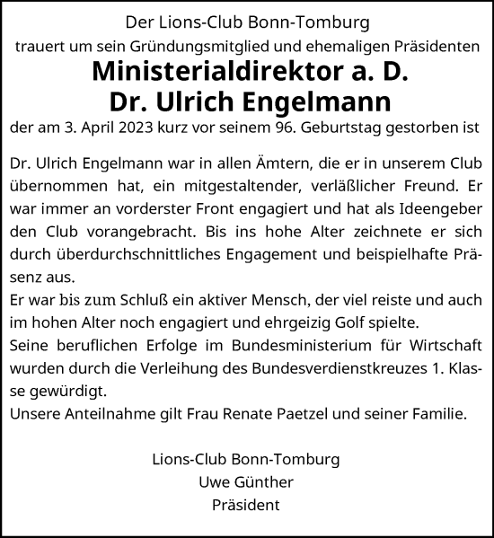 Anzeige von Ulrich Engelmann von General-Anzeiger Bonn
