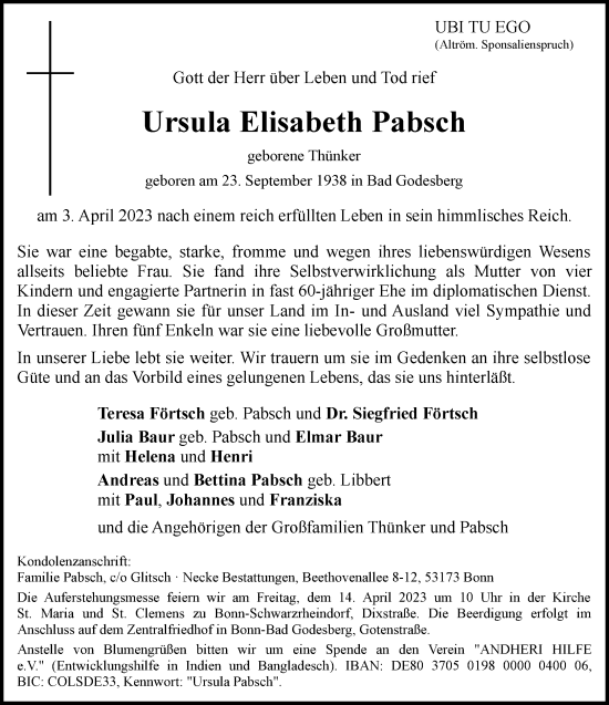 Anzeige von Ursula Elisabeth Pabsch von General-Anzeiger Bonn