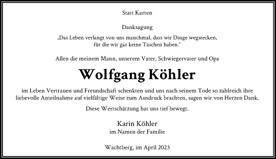 Anzeige von Wolfgang Köhler von General-Anzeiger Bonn