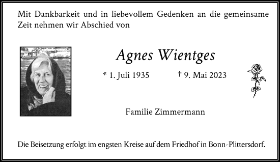 Anzeige von Agnes Wientges von General-Anzeiger Bonn
