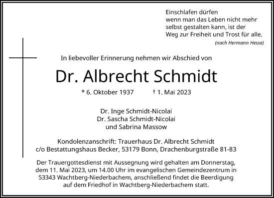 Anzeige von Albrecht Schmidt von General-Anzeiger Bonn