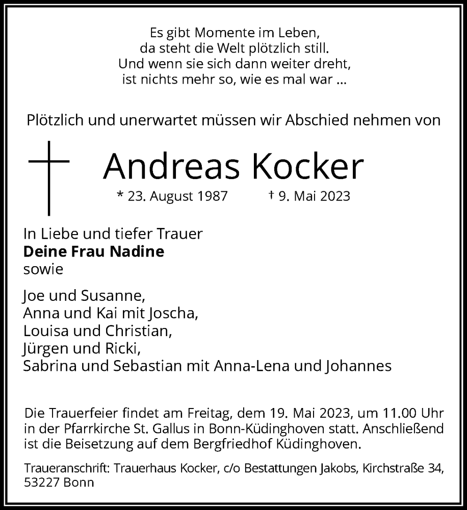  Traueranzeige für Andreas Kocker vom 13.05.2023 aus General-Anzeiger Bonn