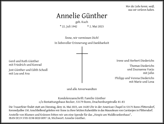 Anzeige von Annelie Günther von General-Anzeiger Bonn