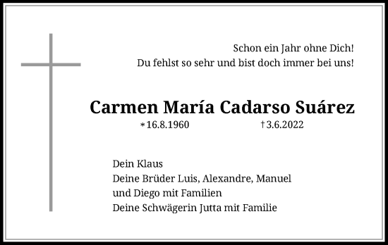 Anzeige von Carmen Maria Cadarso Suärez von General-Anzeiger Bonn