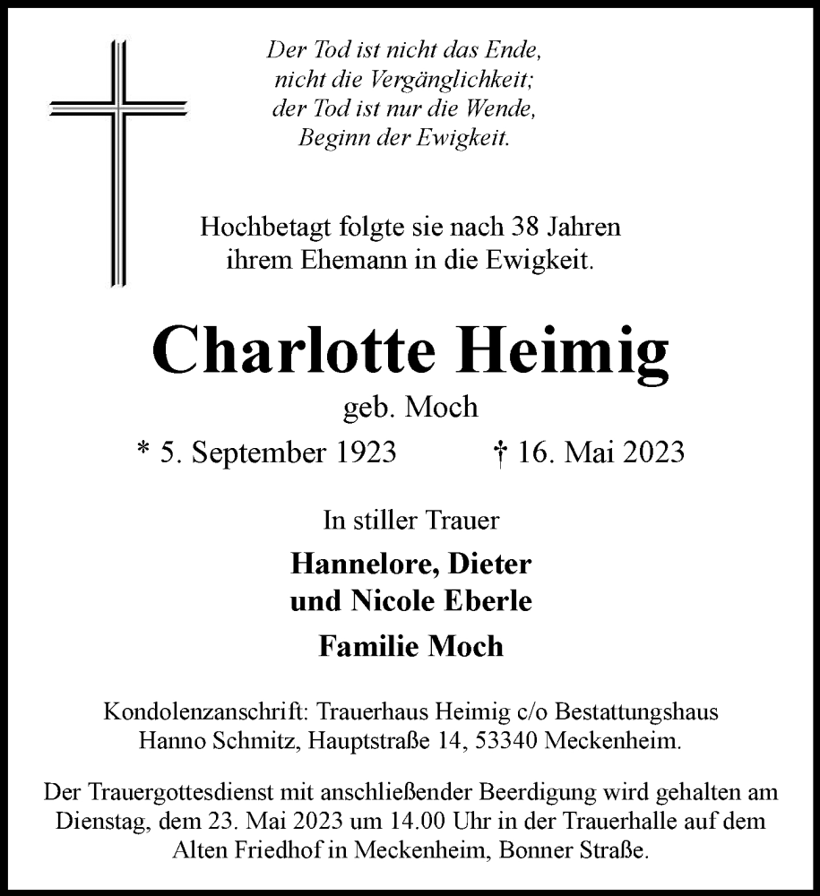  Traueranzeige für Charlotte Heimig vom 20.05.2023 aus General-Anzeiger Bonn