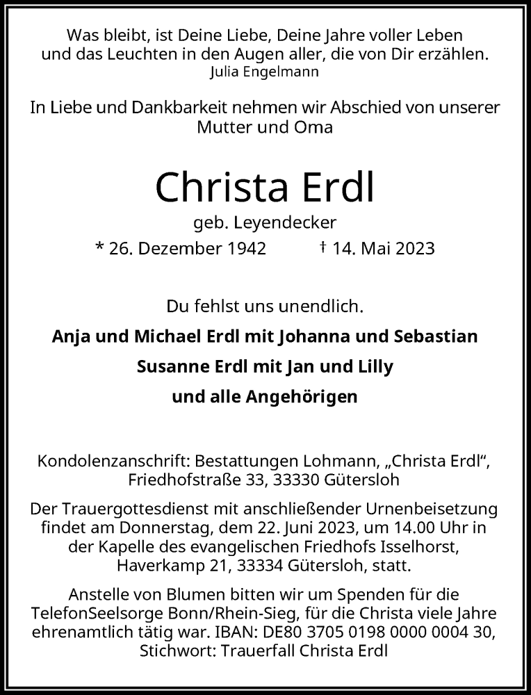  Traueranzeige für Christa Erdl vom 20.05.2023 aus General-Anzeiger Bonn