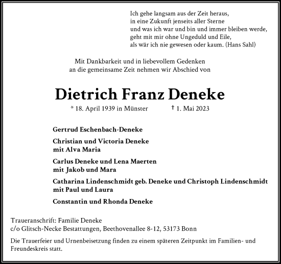 Anzeige von Dietrich  Deneke von General-Anzeiger Bonn