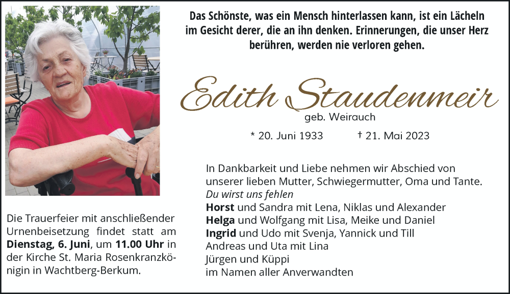 Traueranzeige für Edith Staudenmeir vom 27.05.2023 aus General-Anzeiger Bonn