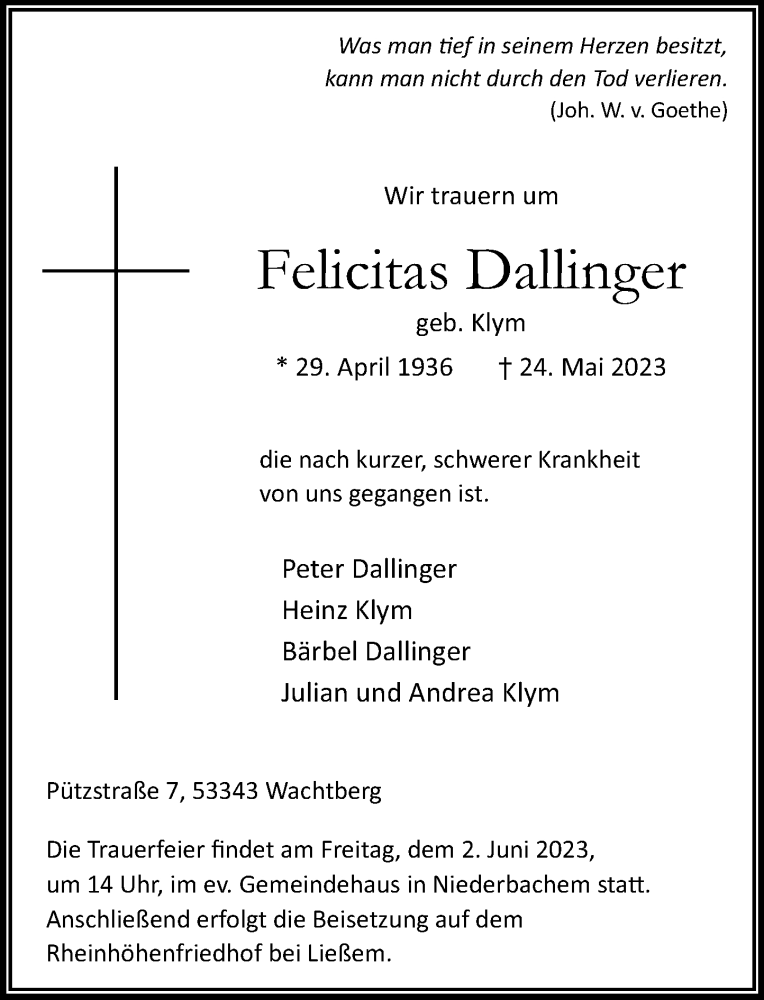  Traueranzeige für Felicitas Dallinger vom 27.05.2023 aus General-Anzeiger Bonn