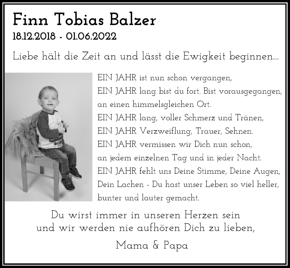  Traueranzeige für Finn Balzer vom 01.06.2023 aus General-Anzeiger Bonn