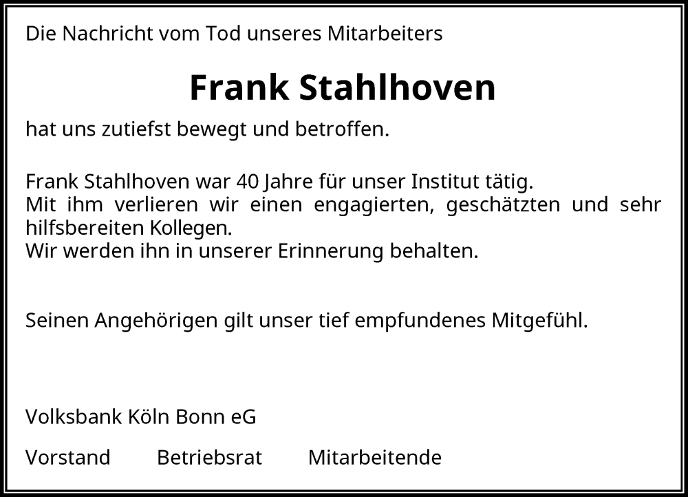  Traueranzeige für Frank Stahlhoven vom 24.05.2023 aus General-Anzeiger Bonn