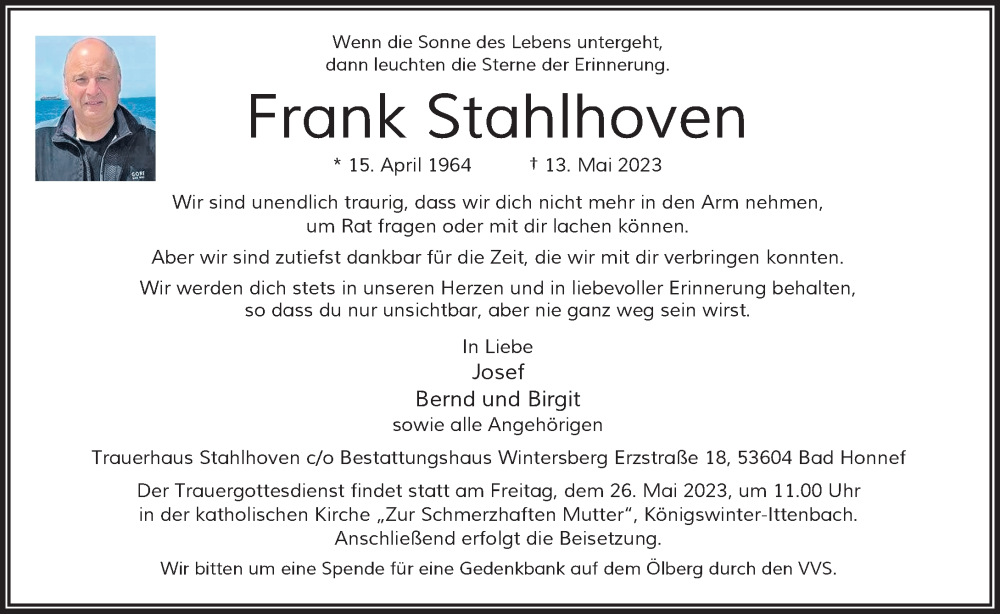  Traueranzeige für Frank Stahlhoven vom 20.05.2023 aus General-Anzeiger Bonn