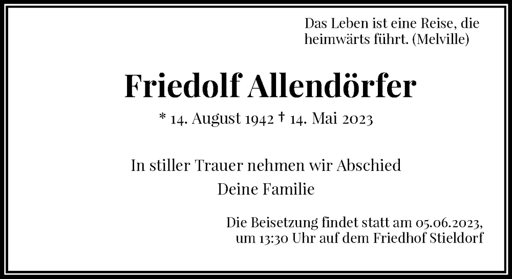  Traueranzeige für Friedolf Allendörfer vom 31.05.2023 aus General-Anzeiger Bonn