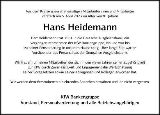 Anzeige von Hans Heidemann von General-Anzeiger Bonn