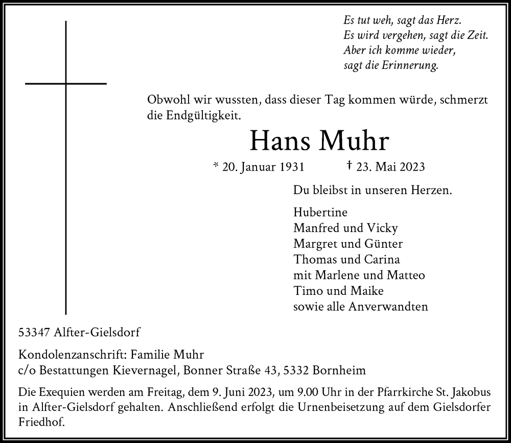  Traueranzeige für Hans Muhr vom 27.05.2023 aus General-Anzeiger Bonn