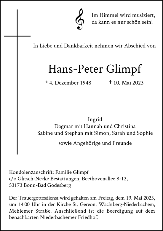Anzeige von Hans-Peter Glimpf von General-Anzeiger Bonn