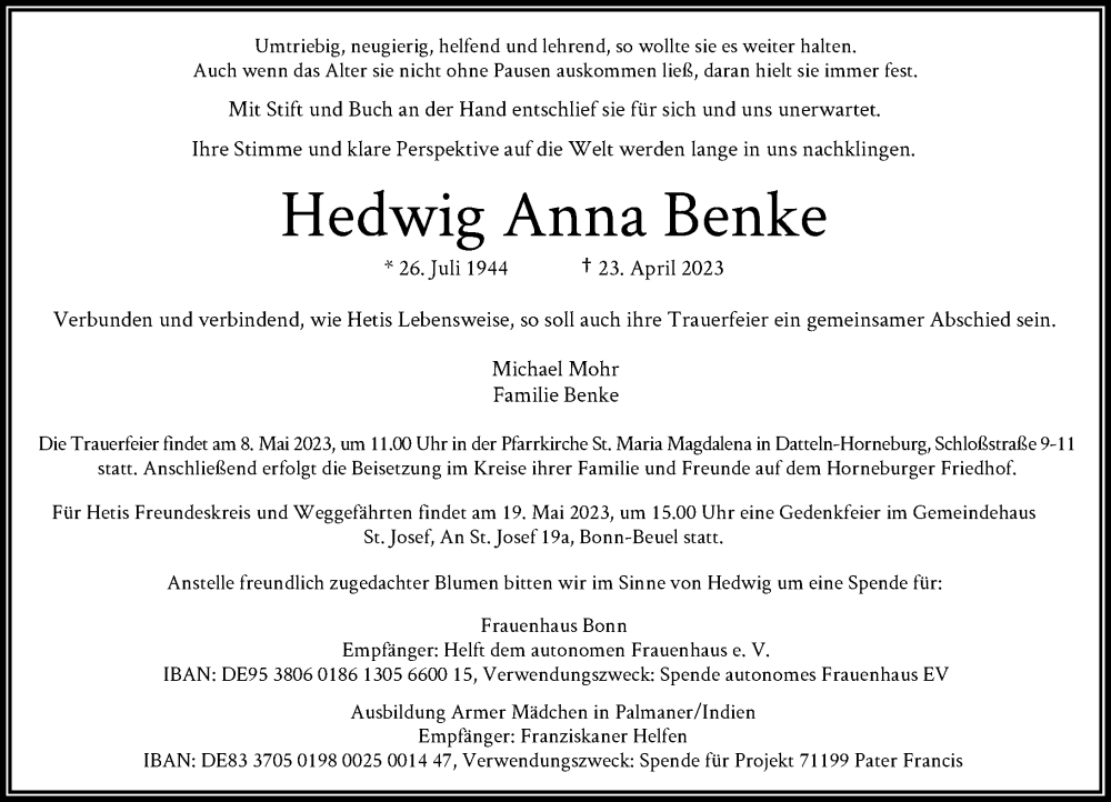 Traueranzeigen von Hedwig Anna Benke | GA-Trauer.de