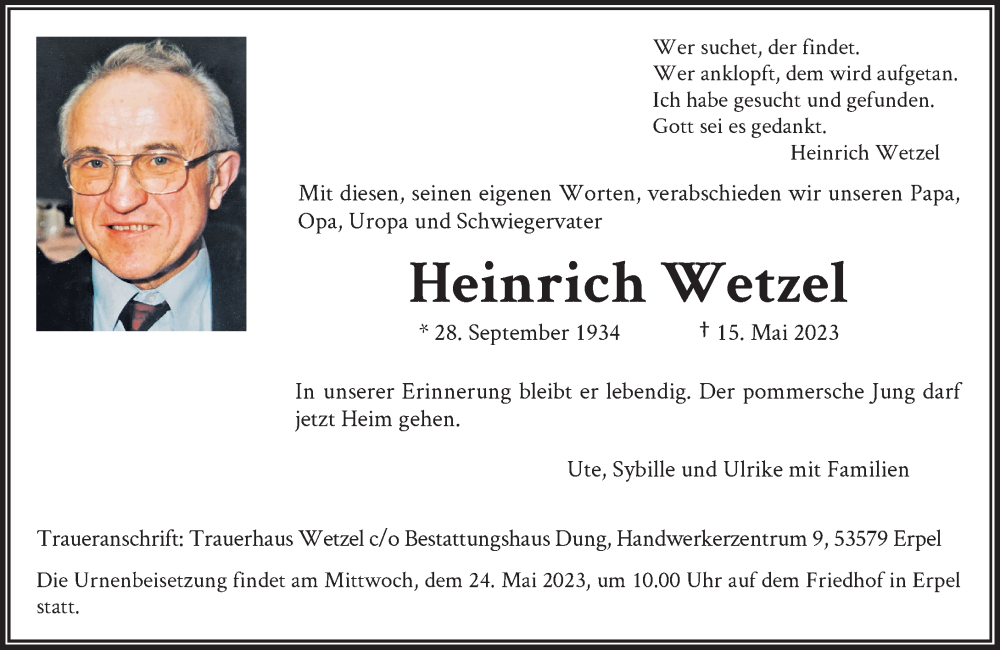  Traueranzeige für Heinrich Wetzel vom 20.05.2023 aus General-Anzeiger Bonn