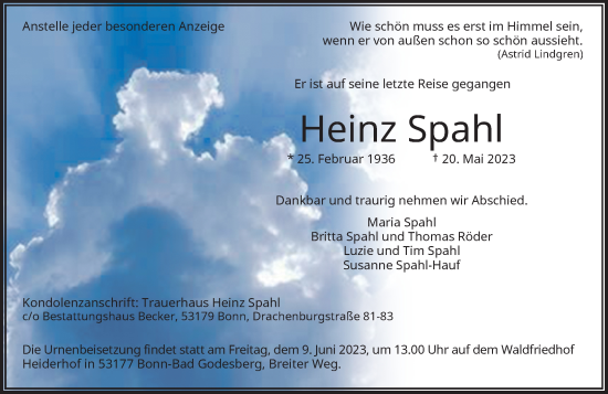 Anzeige von Heinz Spahl von General-Anzeiger Bonn
