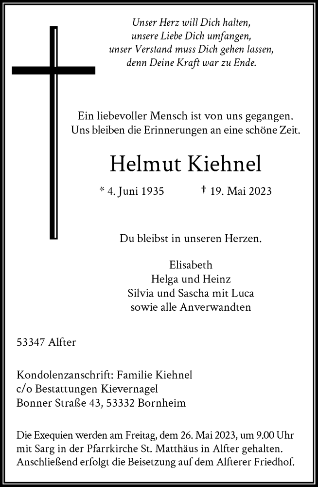  Traueranzeige für Helmut Kiehnel vom 24.05.2023 aus General-Anzeiger Bonn