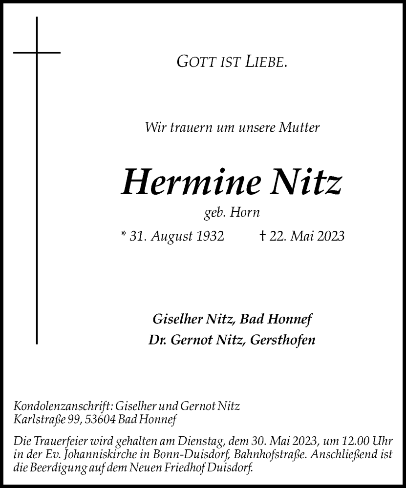  Traueranzeige für Hermine Nitz vom 27.05.2023 aus General-Anzeiger Bonn