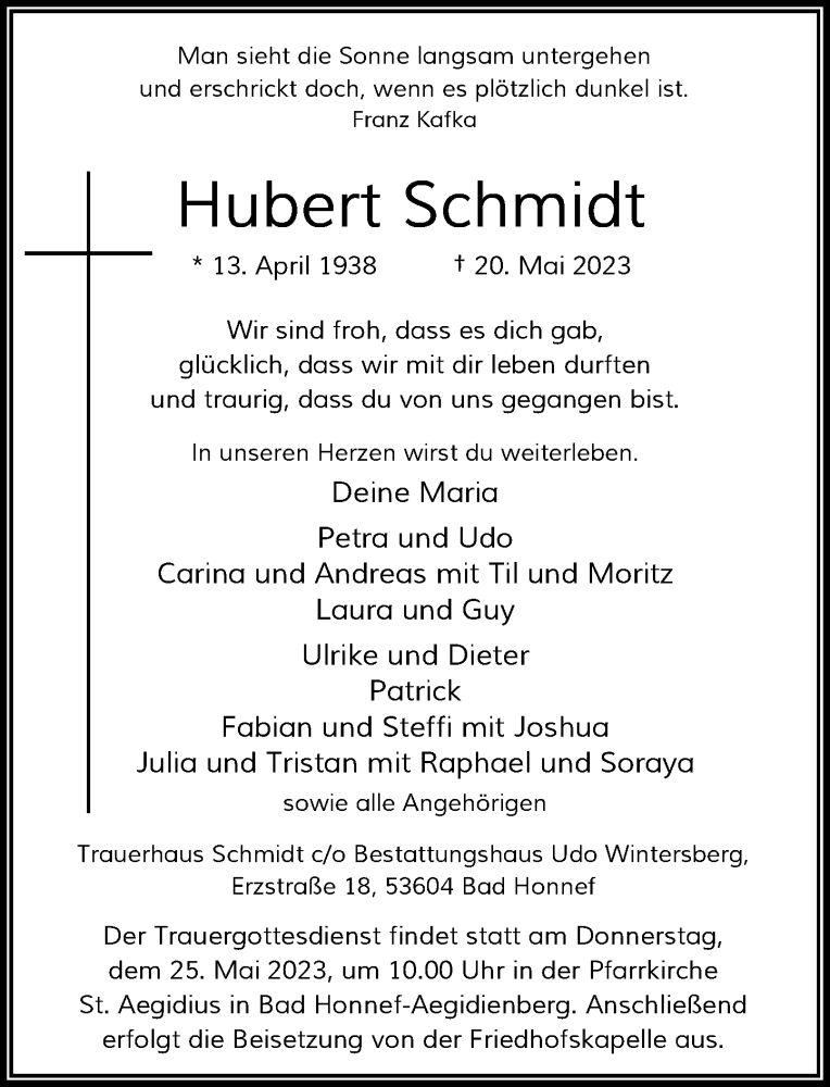  Traueranzeige für Hubert Schmidt vom 24.05.2023 aus General-Anzeiger Bonn