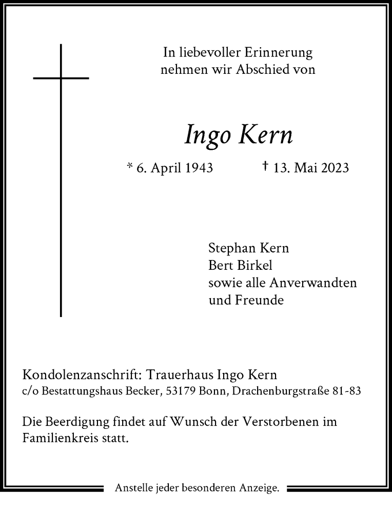  Traueranzeige für Ingo Kern vom 20.05.2023 aus General-Anzeiger Bonn