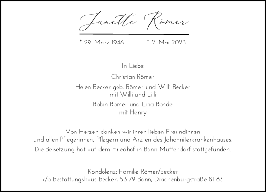 Anzeige von Janette Römer von General-Anzeiger Bonn