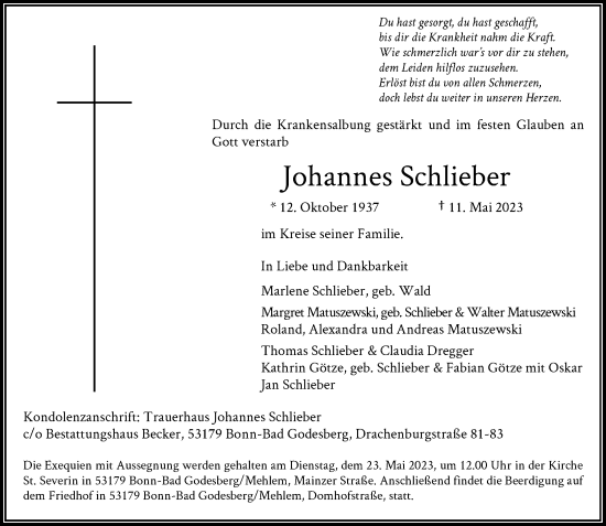 Anzeige von Johannes Schlieber von General-Anzeiger Bonn