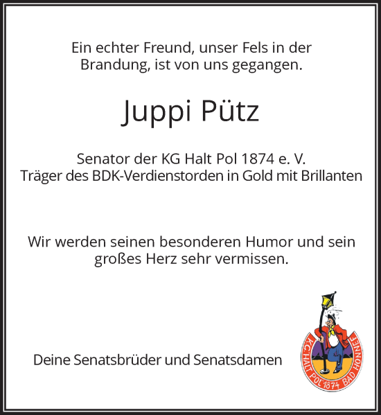 Anzeige von Juppi Pütz von General-Anzeiger Bonn