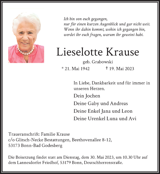 Anzeige von Lieselotte Krause von General-Anzeiger Bonn