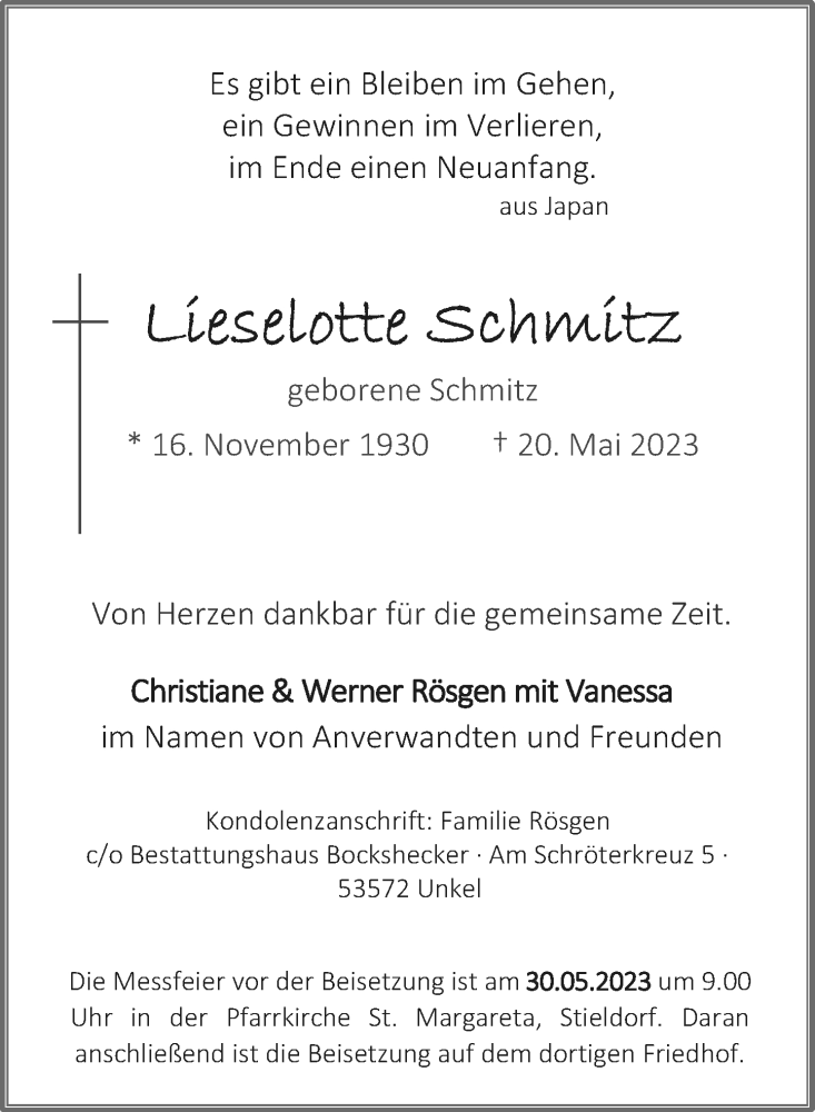  Traueranzeige für Lieselotte Schmitz vom 24.05.2023 aus General-Anzeiger Bonn