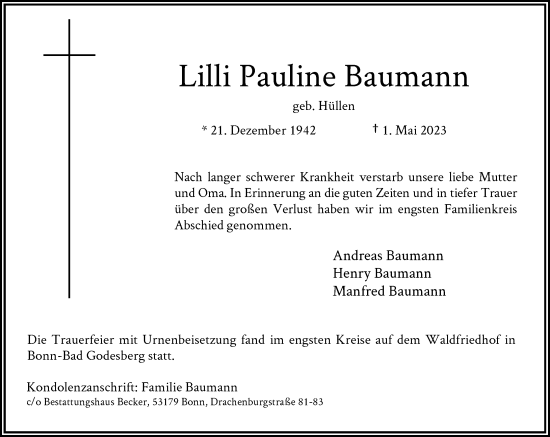 Anzeige von Lilli Pauline Baumann von General-Anzeiger Bonn
