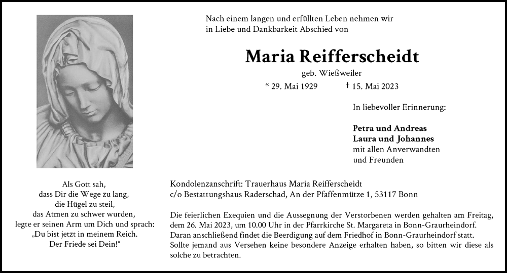  Traueranzeige für Maria Reifferscheidt vom 20.05.2023 aus General-Anzeiger Bonn
