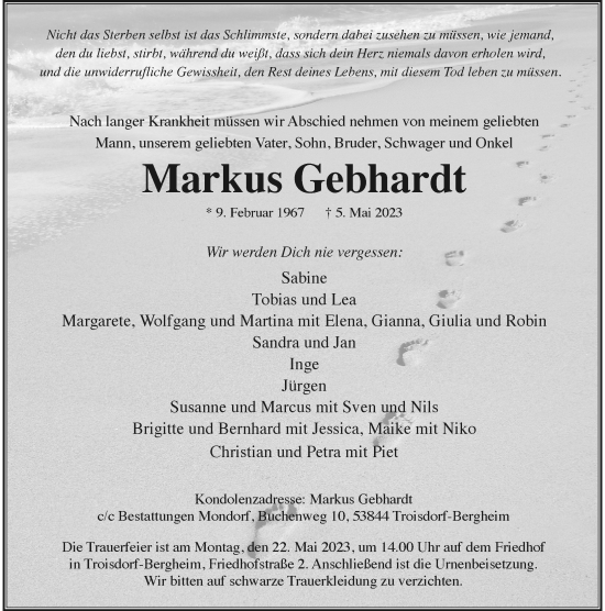 Anzeige von Markus Gebhardt von General-Anzeiger Bonn