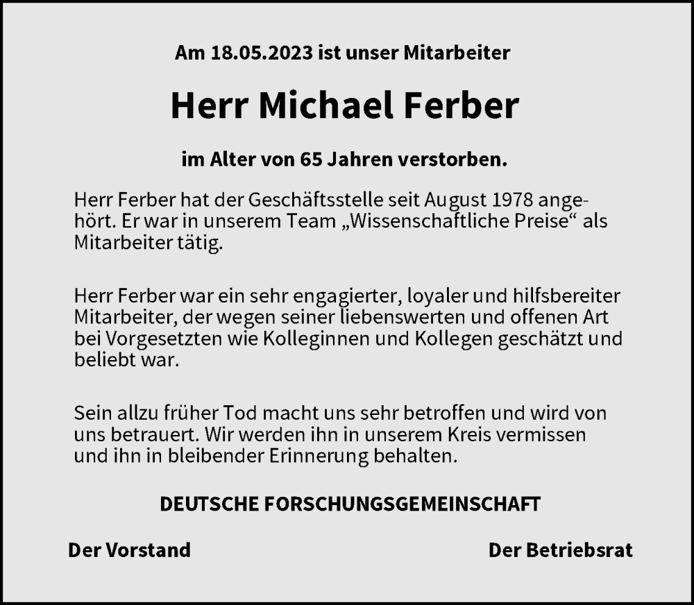  Traueranzeige für Michael Ferber vom 25.05.2023 aus General-Anzeiger Bonn