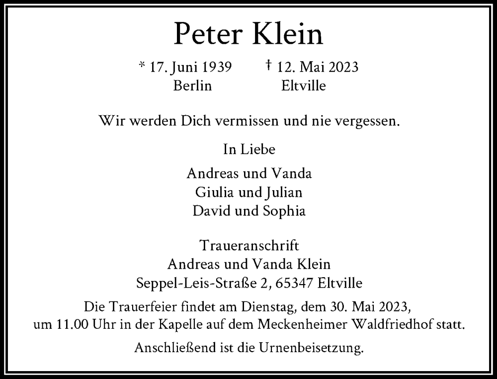  Traueranzeige für Peter Klein vom 20.05.2023 aus General-Anzeiger Bonn