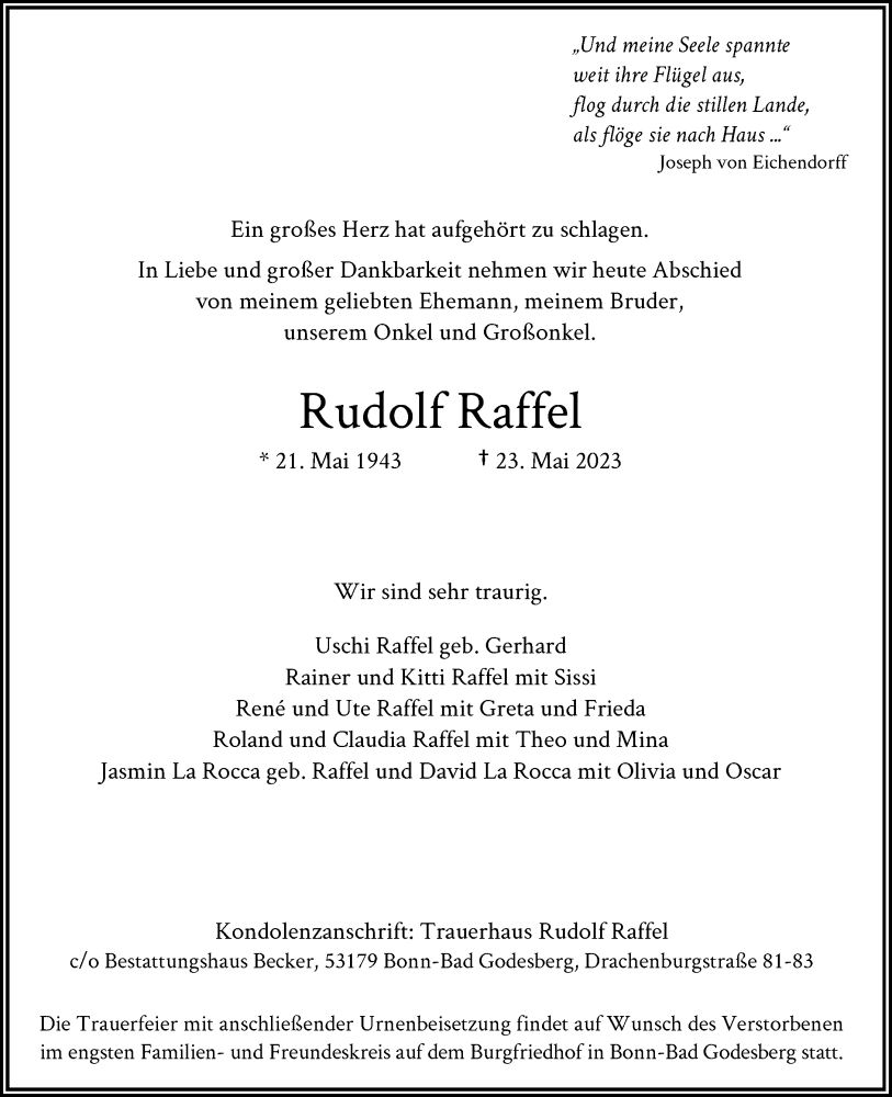  Traueranzeige für Rudolf Raffel vom 27.05.2023 aus General-Anzeiger Bonn