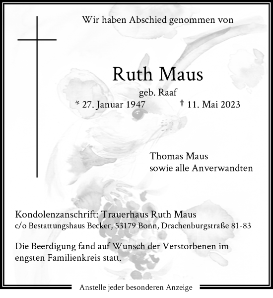 Anzeige von Ruth Maus von General-Anzeiger Bonn