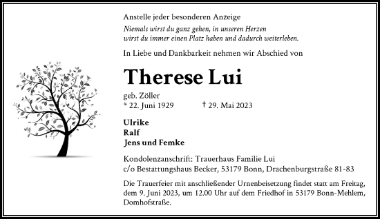 Anzeige von Therese Lui von General-Anzeiger Bonn