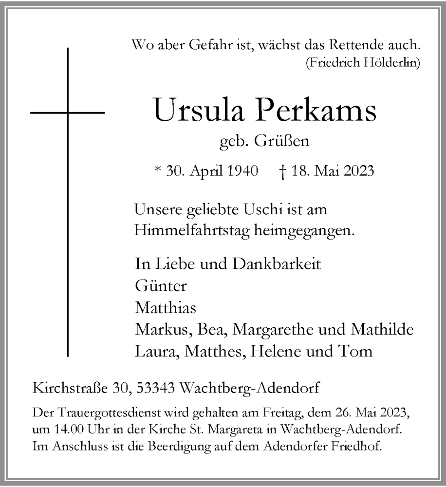  Traueranzeige für Ursula Perkams vom 20.05.2023 aus General-Anzeiger Bonn