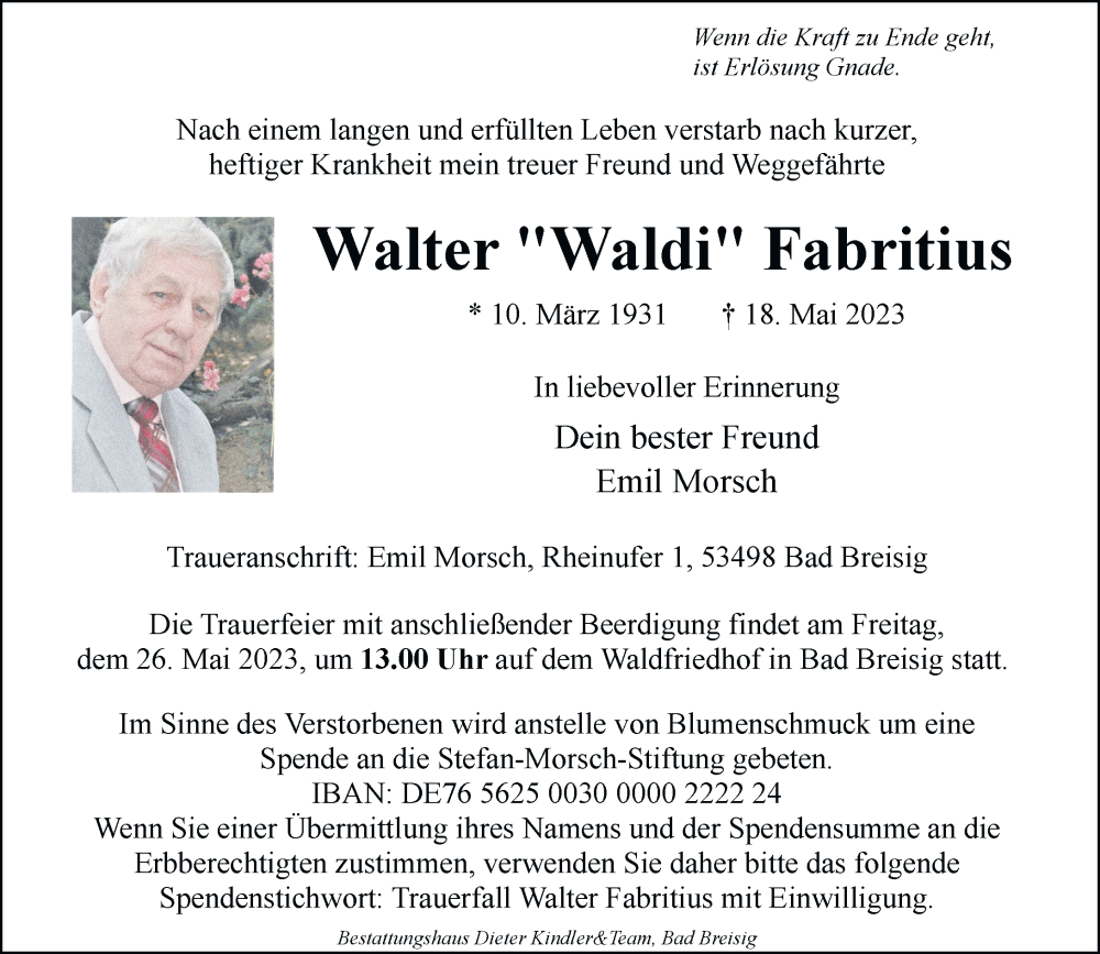  Traueranzeige für Walter Fabritius vom 24.05.2023 aus General-Anzeiger Bonn