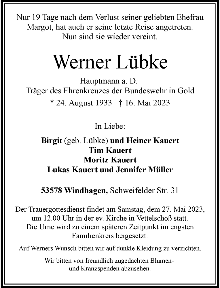  Traueranzeige für Werner Lübke vom 20.05.2023 aus General-Anzeiger Bonn