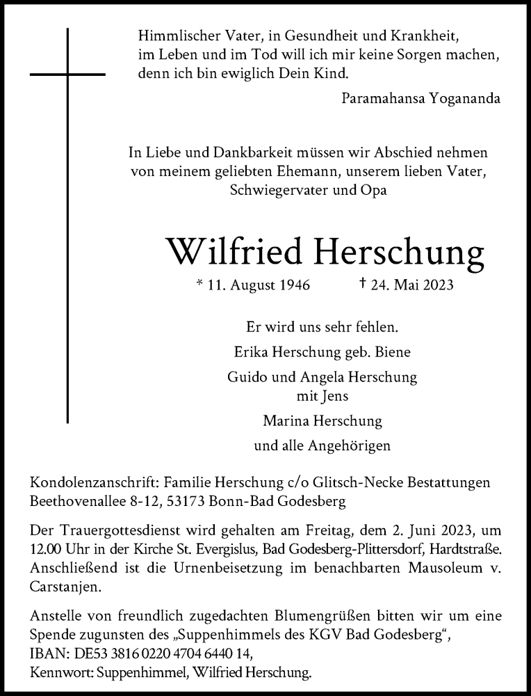  Traueranzeige für Wilfried Herschung vom 31.05.2023 aus General-Anzeiger Bonn