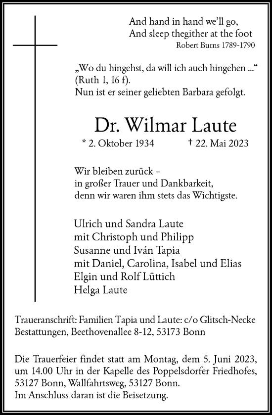 Anzeige von Wilmar Laute von General-Anzeiger Bonn