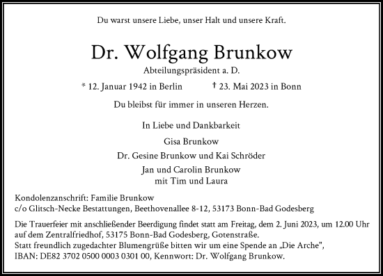 Anzeige von Wolfgang Brunkow von General-Anzeiger Bonn